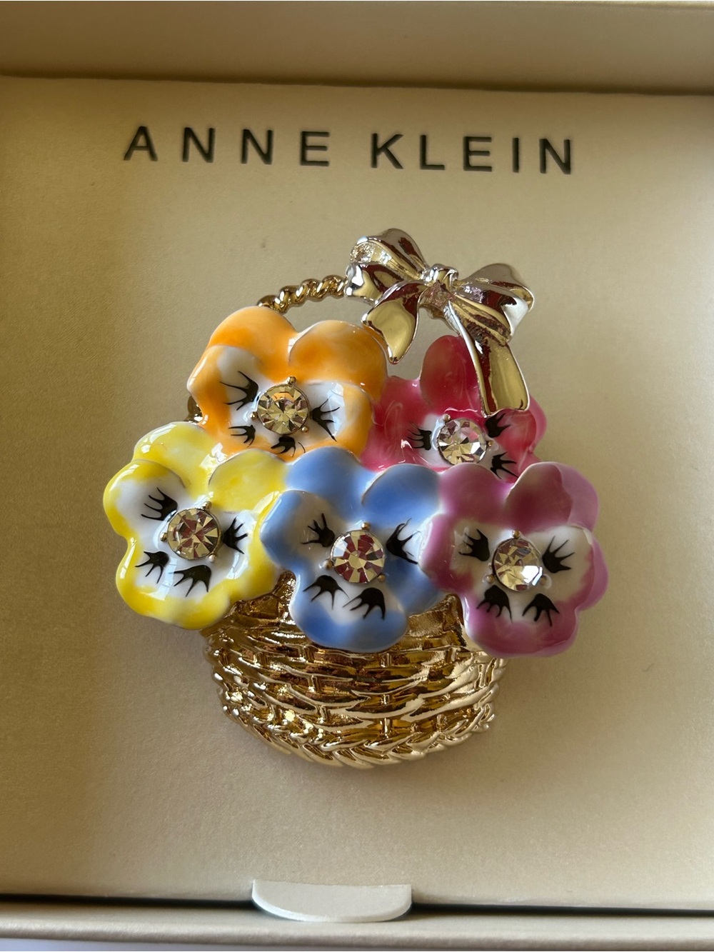 Anne Klein Gold-Tone Basket Brooch with Multicolor Enamel Flowers